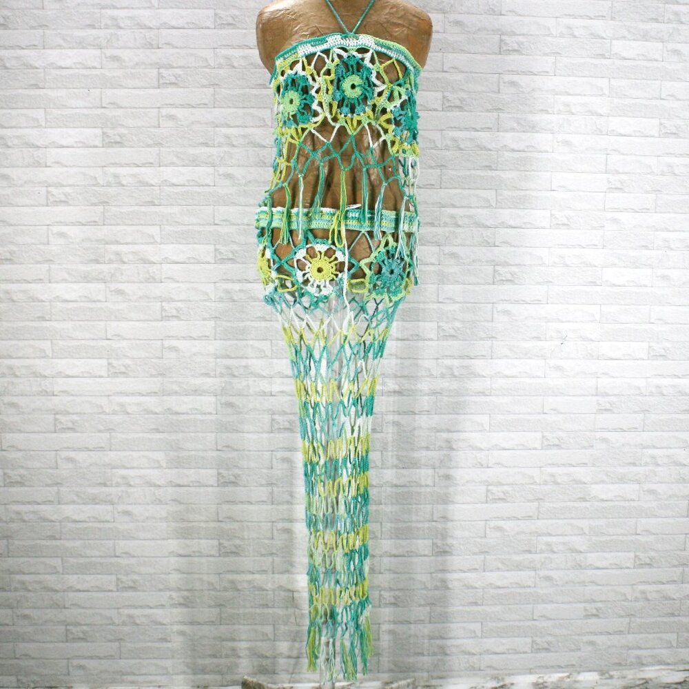 HAND CRAFTED Crochet Swimsuit Cover-Up Mermaidcore Skirt Top Set Floral Green